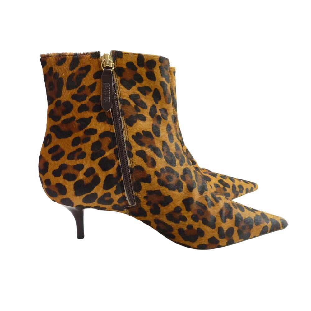 Schutz Womens Brown Mikki Leopard Print Goat Hair Stiletto Mid Calf Boots 8B